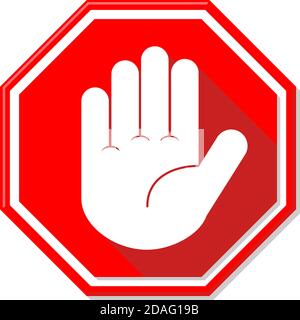Rotes Stoppschild mit großem weißen Handsymbol oder Symbol. Abbildung, Vektor Stock Vektor