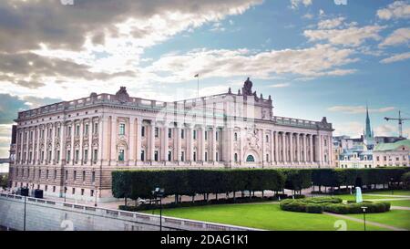 Schwedisches parlamentsgebäude, Riksdag House, Helgeandsholmen Island, Gamla Stan, Stockholm, Schweden. Stockfoto