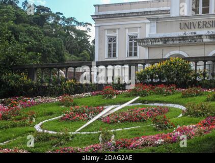 Petropolis, Brasilien - 23. Dezember 2008: Nahaufnahme der roten Blumenuhr auf grünem Rasen vor dem Gebäude der Katholischen Universität. Stockfoto