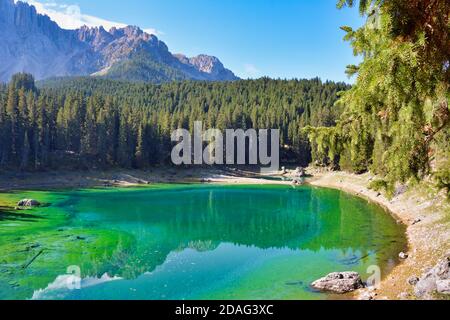 Smaragdgrüne Wasser auf dem Lago di Carezza Stockfoto