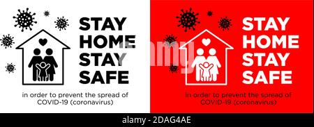 Bleiben Sie zu Hause mit Social-Media-Kampagne und verhindern Coronavirus-Infektion. Die Familie bleibt zusammen im Haus. Soziale Werbung, Poster, Aufkleber, vecto Stock Vektor