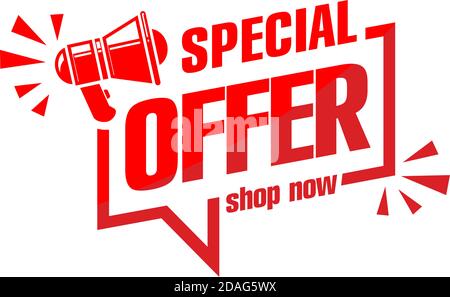 Rabatt Aufkleber Form mit Megaphon. Sonderangebot rotes Schild. Sale Coupon Rahmen Symbol auf transparentem Hintergrund. Modernes Konzeptdesign. Abbildung, Stock Vektor