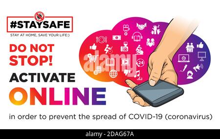 Bleiben Sie zu Hause mit Ihrem sozialen Netzwerk und verhindern Coronavirus-Infektion. Nicht anhalten, online verbinden. Kommunikation, Unterhaltung und Surfen im in Stock Vektor