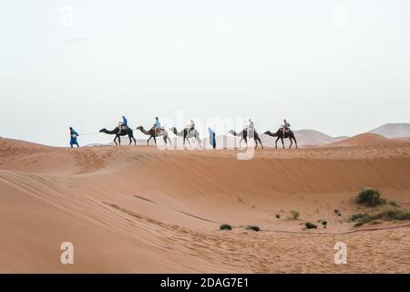 Merzouga, Marokko - APRIL 29 2019: Blick von Touristen auf einem Kamelritt in der Sahara Wüste, symbolische repräsentative Tour für Marokko Stockfoto