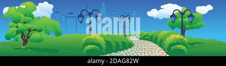 Grüne Sommerlandschaft des Stadtparks und Wolkenkratzer in der Ferne. Stock Vektor