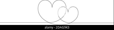 Kontinuierliche Linie Zeichnung der Liebe Zeichen mit zwei Herzen umarmen Minimalismus Design. Großes und kleines Herz. Zeichnung von Hand, schwarze Linien auf einem weißen Stock Vektor