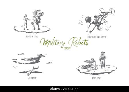 Militärische Roboter - Roboter in der Schlacht, Unterwasser-Sapper, Roket Angriff, Luft Drohnen Vektor-Konzept-Set Stock Vektor