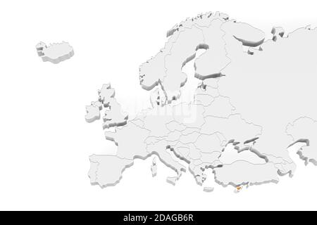 3D Europa Karte mit markierten Grenzen - Gebiet von Zypern Markiert mit Zypern Flagge - isoliert auf weißem Hintergrund mit Platz für Text - 3D-Illustration Stockfoto