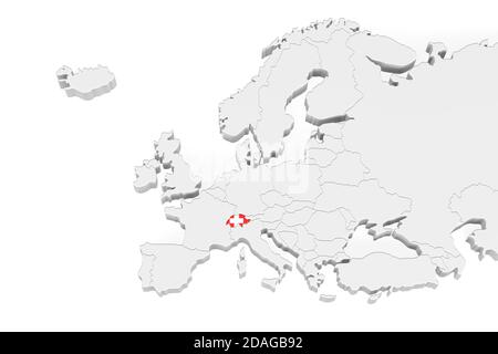 3D Europa Karte mit markierten Grenzen - Gebiet der Schweiz Markiert mit Schweizer Flagge - isoliert auf weißem Hintergrund mit Raum für Text - 3D-Illustration Stockfoto
