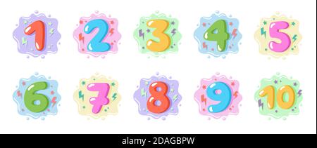 Bunte Cartoon-Zahlen für Kinder, Geburtstagskarte Vorlage. Vektorgrafik Stock Vektor