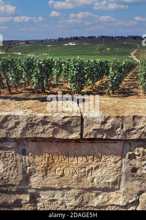 Romanée-Conti Bourgogne Weinbergtafel beleuchtet durch Sonnenstrahl in der Grenzmauer des renommierten Luxus selten & sehr teuer Burgund Wein, Vosne-Romanée, Côte d'Or, Frankreich. Stockfoto