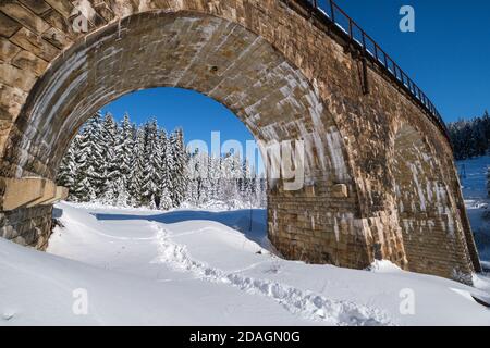 Steinviadukt (Bogenbrücke) auf der Eisenbahn durch schneebedeckten Tannenwald. Schnee driftet auf dem Weg und Raureif auf Bäumen und elektrischen Leitungen. Stockfoto