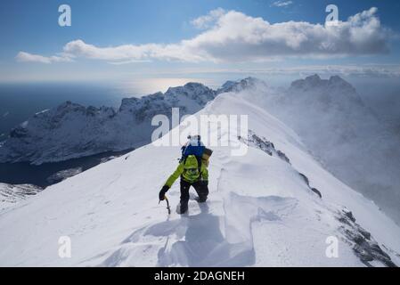 Weibliche Wanderer auf dem Gipfel des Mengensdalstinds in tiefem Schnee und starkem Wind, Moskenesøy, Lofoten-Inseln, Norwegen Stockfoto