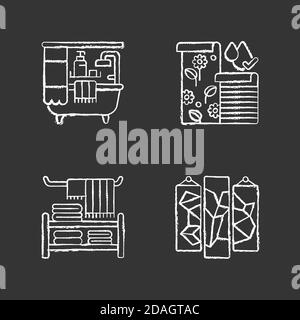 Style-Ideen für zu Hause Kreide weiße Symbole auf schwarz gesetzt Hintergrund Stock Vektor