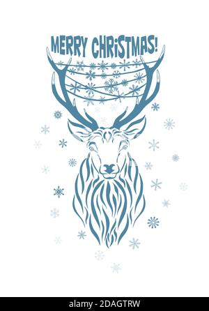 Weihnachtskarte mit Hirsch. Hirsch mit Schneeflocken im Geweih. Vektorgrafik Stock Vektor
