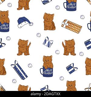 Wiederholen Sie nahtlose Muster von niedlichen flauschigen braunen Katzen und Kätzchen mit verschiedenen Emotionen und Posen, weihnachten und Geburtstag blau und goldene Geschenke, Weihnachtsmann Hut Stock Vektor