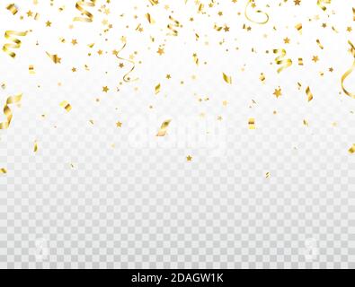 Luxus Gold Weihnachten Konfetti Grenze. Magisches goldenes fliegendes Konfetti und Stern auf transparentem Hintergrund. Elegante Designelemente für den Urlaub. Weihnachten Orna Stock Vektor