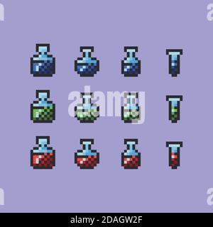Potion Flasche Pixel Art Vektor Illustration. Flaschen aus Glas für Gesundheit, Mana und Ausdauer. Gift and Remedy Spiel Design 8 Bit Objekt gesetzt. Labor Stock Vektor