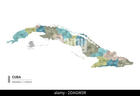 Kuba hat detaillierte Karte mit Unterteilungen. Verwaltungskarte von Kuba mit Bezirken und Stadtnamen, farbig nach Staaten und Verwaltungsbezirken. V Stock Vektor