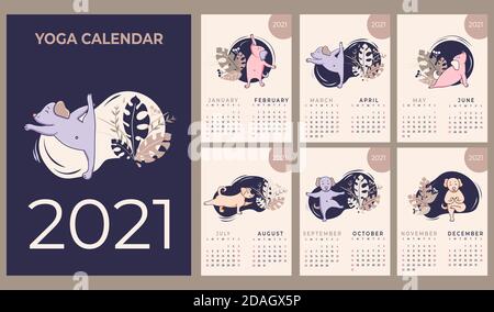 Kalender 2021. Jahreskalender. Konzept-Design - Yoga für Haustiere. Set von Vorlagen für 12 Monate 2021 mit niedlichen Hunden meditieren, tun Yoga und Fitness. Stock Vektor