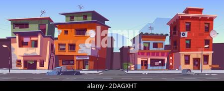 Schlechte schmutzige Häuser im Ghetto-Bereich. Vektor Cartoon Stadtbild mit Slum Gebäude, Hütten in billigen Nachbarschaft. Shantytown Straße mit alten Häusern, kaputtes Auto und Müll Stock Vektor
