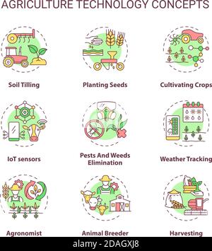 Symbole für das Konzept der Landwirtschaftstechnik gesetzt Stock Vektor