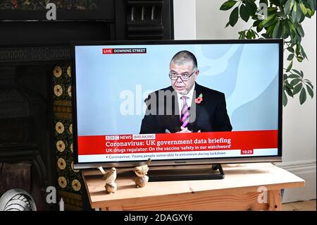 Im Fernsehen übertragene Nachrichten-Briefing zum Coronavirus-Impfstoff mit Jonathon Van-Tam mit der Überschrift „Coronavirus: Britische Arzneimittelbehörde „Sicherheit ist unsere Devise““. Stockfoto