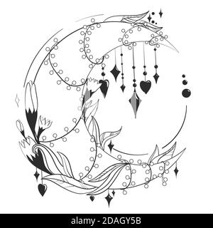 Vektor Schwarz und Weiß Tattoo Mond Illustration. Sterne, Sternbilder, Mond, Kristalle, Blätter und Blumen. Handgezeichnetes Astrologiesymbol. Stock Vektor