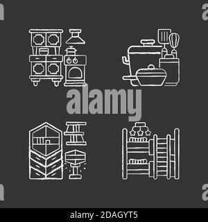 Haushaltswaren Kreide weiße Symbole auf schwarzem Hintergrund gesetzt Stock Vektor