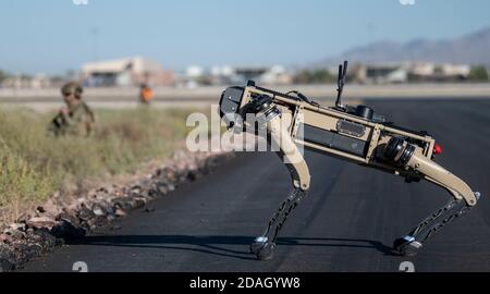 Ein unbemanntes Bodenfahrzeug der US Air Force Ghost Q-UGV, bekannt als Roboterhund, wird während der Übung des Advanced Battle Management Systems auf der Nellis Air Force Base am 3. September 2020 in Las Vegas, Nevada, getestet. Stockfoto