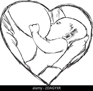 Illustration Vektor Doodle Hand gezeichnet von Skizze Stillen Baby in Herzform Rahmen, Liebe Konzept Stock Vektor