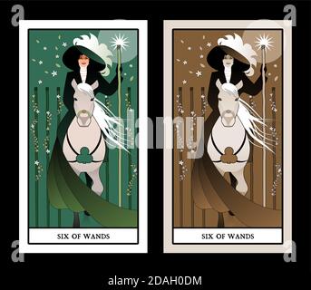 Sechs Zauberstäbe. Tarot-Karten. Elegante Dame auf dem Pferd, hält einen Zauberstab mit einem leuchtenden Stern und flankiert von fünf Stäben, umgeben von Blumen und Blättern Stock Vektor