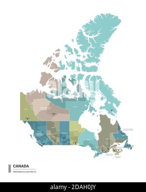 Kanada hat detaillierte Karte mit Unterteilungen. Administrative Karte von Kanada mit Bezirken und Städten Namen, farbig nach Staaten und Verwaltungsbezirk Stock Vektor