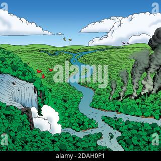 Illustration einer riesigen Regenwaldlandschaft mit großen Wasserfällen und Rauchsäulen, im Comic-Stil. Von Hand gezeichnete und digitale Farbgebung. Stockfoto