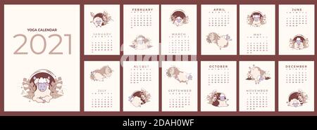 Kalender 2021. Jahreskalender - Planer mit allen Monaten. Design Yoga für Haustiere. Set von Vorlagen für 12 Monate 2021 mit niedlichen Schafe meditieren, tun Stock Vektor