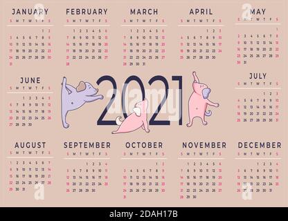 Kalender 2021. Horizontale Vorlage für ein Jahr - 12 Monate. Design - Yoga für Haustiere. Nette lustige Hunde sind in Meditation und Fitness beschäftigt. Planer, Sta Stock Vektor