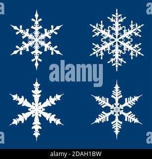Sammlung von weißen Schneeflocken auf blauem Hintergrund. Vektorgrafik Stock Vektor