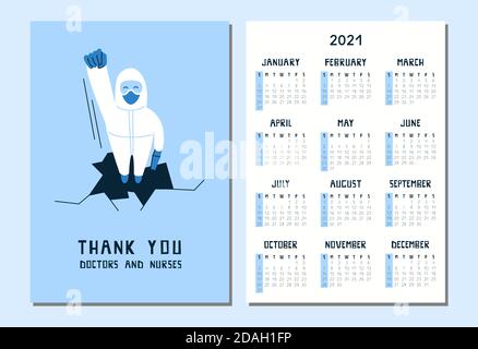 Frohes neues Jahr 2021. Kalender im A4-Format. Vektor-Illustration eines Arztes in weißem Hazmat Anzug und Maske. Vielen Dank an Ärzte und Krankenschwestern. Coronavirus Stock Vektor