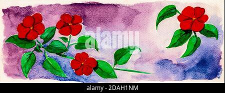 Darstellung von roten Blüten auf Büschen mit grünlichen Blättern. Aquarellmalerei. Stockfoto