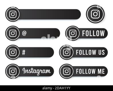Instagram Buttons Kollektion mit weißem Logo. Schwarze Social Media Tags Set mit modernen Icons, Symbol, Sing, Banner. 3D-Vorlagen für runde Schaltflächen Stock Vektor
