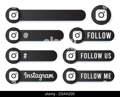 Instagram Buttons Kollektion mit weißem Logo. Schwarze Social Media Tags Set mit modernen Icons, Symbol, Sing, Banner. 3D-Vorlagen für runde Schaltflächen Stock Vektor