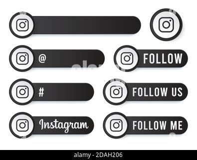Instagram Buttons Kollektion mit weißem Logo. Schwarze Social Media Tags Set mit modernen Icons, Symbol, Sing, Banner. 3D-Vorlagen für runde Schaltflächen Stock Vektor