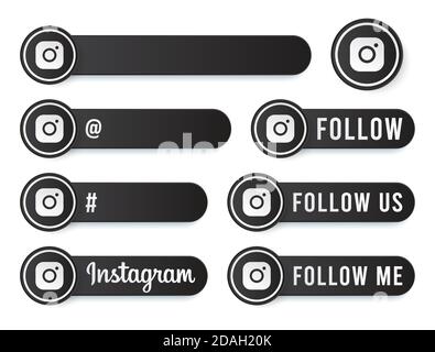 Instagram Buttons Kollektion mit weißem Logo. Schwarze Social Media Tags Set mit modernen Icons, Symbol, Sing, Banner. 3D-Vorlagen für runde Schaltflächen Stock Vektor