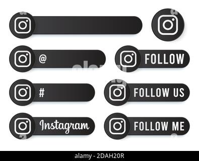 Instagram Buttons Kollektion mit weißem Logo. Schwarze Social Media Tags Set mit modernen Icons, Symbol, Sing, Banner. 3D-Vorlagen für runde Schaltflächen Stock Vektor