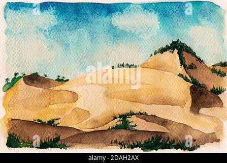 Landschaft von schönen Sanddünen mit Unterholz und sonnigen Tag. Am tropischen Strand von Itaunas im brasilianischen Nordosten. Aquarellmalerei. Stockfoto
