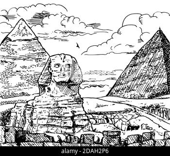 Blick auf den Pyramidenkomplex von Gizeh mit der großen Sphinx. In der Nähe von Kairo in Ägypten, ist es eine der weltweit größten Touristenattraktionen. Tintenzeichnung. Stockfoto