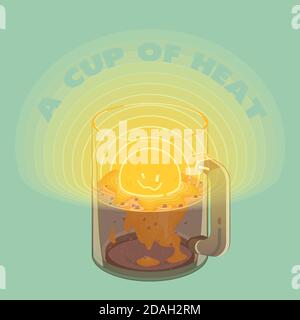 Die surrealistische Illustration "die Sonne ist in einer Tasse geschmolzen" auf einem grünen Hintergrund. Eine Tasse Hitze. Stock Vektor