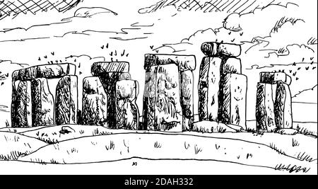 Monolithische Steine in Kreisform bilden das Stonehenge-Denkmal, ein von Menschen geschaffter Komplex aus der Jungsteinzeit, England. Tintenzeichnung. Stockfoto