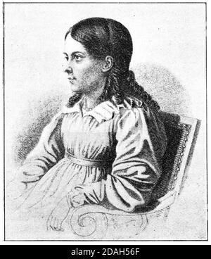 Porträt von Bettina von Arnim (junge Jahre) - eine deutsche Schriftstellerin und Schriftstellerin. Illustration des 19. Jahrhunderts. Weißer Hintergrund. Stockfoto
