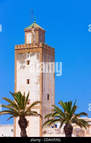 Minarett der Ben Youssef Moschee in der alten Medina, Essaouira, Marokko Stockfoto